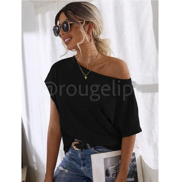 Boat Neck Batwing Sleeve Black Tee Shirt Short Sleeve - Picture 7 of 9